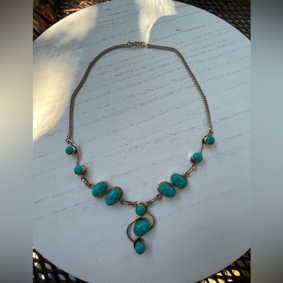 Necklace With Real Turquoise Freeform Silver 925 Handmade Unique